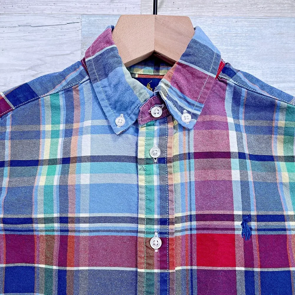 Ralph Lauren Long Sleeve Oxford Shirt Blue Red Plaid Button Up Cotton Boys 6